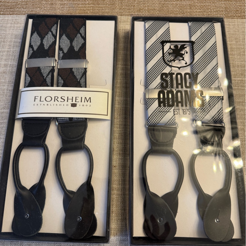 Status Suspenders
2 pair - Black/silver and brown/black argyle 
Brand new in box